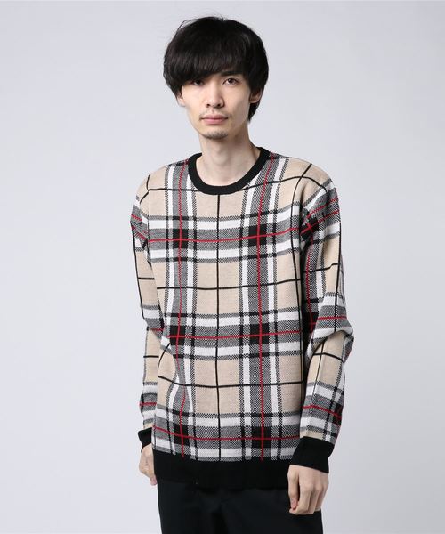 STYLEBLOCK(スタイルブロック)の「ジャガードチェックビッグシルエットニット(ニット/セーター・メンズ・ベージュ/グリーン/チャコール・M/L)」の2枚目の写真
