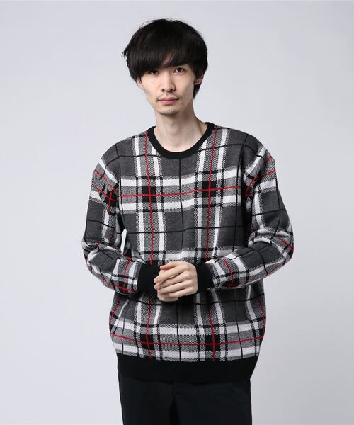 STYLEBLOCK(スタイルブロック)の「ジャガードチェックビッグシルエットニット(ニット/セーター・メンズ・ベージュ/グリーン/チャコール・M/L)」の1枚目の写真