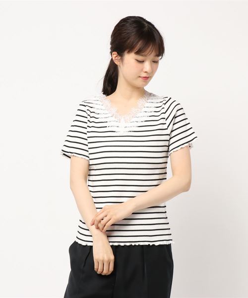 DISCOAT(ディスコート)の「△リブヒゲレースプルオーバー/メロウプルオーバー(Tシャツ/カットソー・レディース・ブラック/ライトグレー/オフホワイト/グレー系その他・FREE)」の1枚目の写真