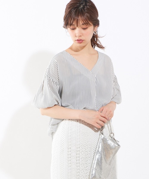 natural couture（ナチュラルクチュール）の「プチプラバックねじりブラウス（シャツ/ブラウス・レディース・アイボリー/ベージュ/ミント/ストライプ/ベージュ系その他/サックスブルー・FREE）」の10枚目の写真