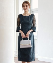 結婚式ワンピースダマスク柄ミモレ丈、ドレス