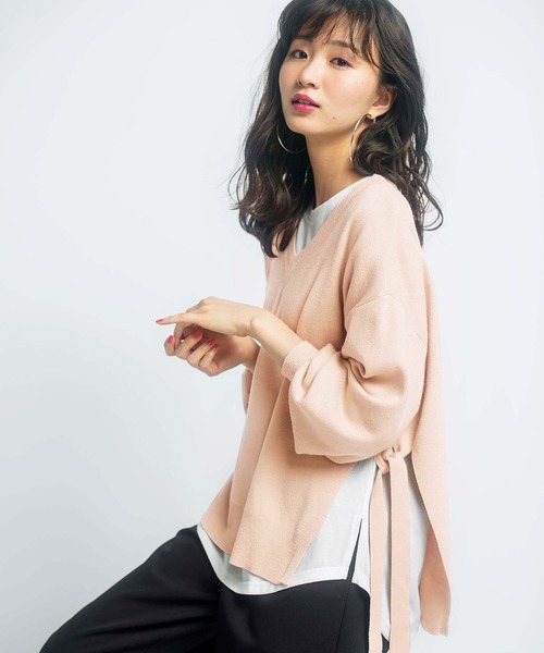 GeeRA(ジーラ)の「サイドスリット&リボンニット(ニット/セーター・レディース・ベージュ/ブルー/ラベンダー/グリーン・XX-LARGE/LARGE/X-LARGE/MEDIUM)」の2枚目の写真