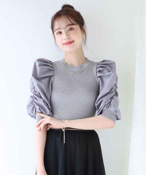 異素材パワーショルダー半袖トップス
