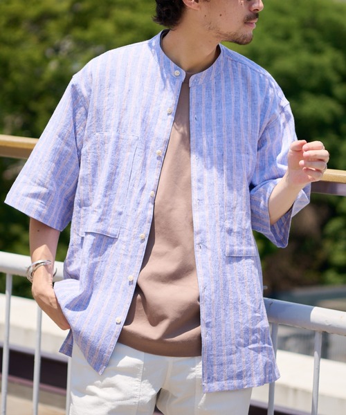 CIAOPANIC TYPY（チャオパニックティピー）の「麻レーヨンストライプ半袖シャツ（シャツ/ブラウス・メンズ・オレンジ/ブルー/アイボリー・MEDIUM/LARGE）」の3枚目の写真