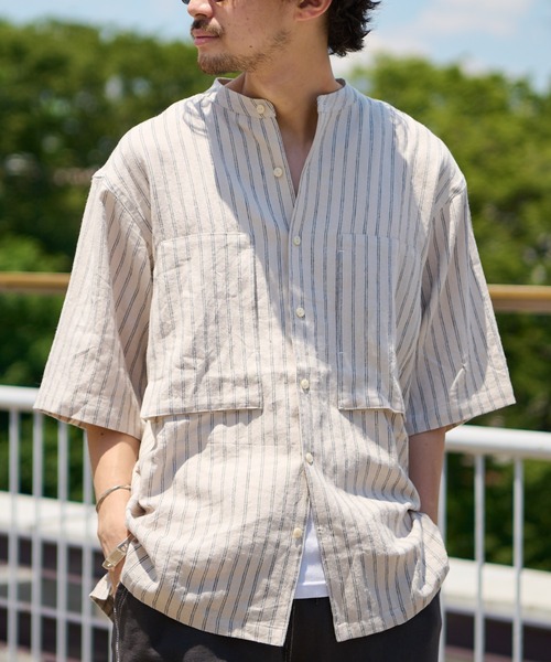 CIAOPANIC TYPY（チャオパニックティピー）の「麻レーヨンストライプ半袖シャツ（シャツ/ブラウス・メンズ・オレンジ/ブルー/アイボリー・MEDIUM/LARGE）」の2枚目の写真