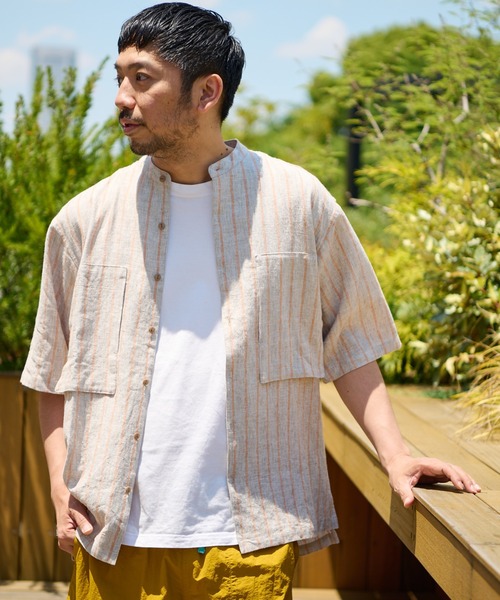 CIAOPANIC TYPY（チャオパニックティピー）の「麻レーヨンストライプ半袖シャツ（シャツ/ブラウス・メンズ・オレンジ/ブルー/アイボリー・MEDIUM/LARGE）」の4枚目の写真