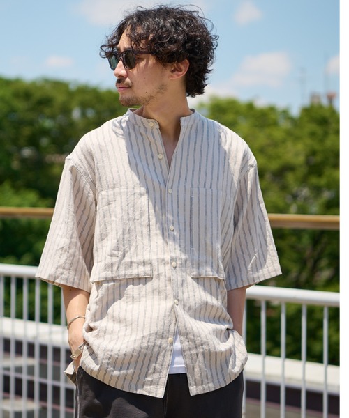 CIAOPANIC TYPY（チャオパニックティピー）の「麻レーヨンストライプ半袖シャツ（シャツ/ブラウス・メンズ・オレンジ/ブルー/アイボリー・MEDIUM/LARGE）」の6枚目の写真