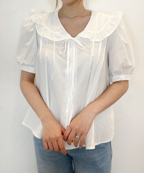 CEMONEMO（セモネモ）の「半袖 ビッグカラー フリル リボンブラウス（シャツ/ブラウス・レディース・アイボリー/スカイブルー/ベージュ・FREE）」の2枚目の写真