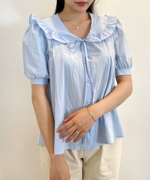 CEMONEMO（セモネモ）の「半袖 ビッグカラー フリル リボンブラウス（シャツ/ブラウス・レディース・アイボリー/スカイブルー/ベージュ・FREE）」の3枚目の写真