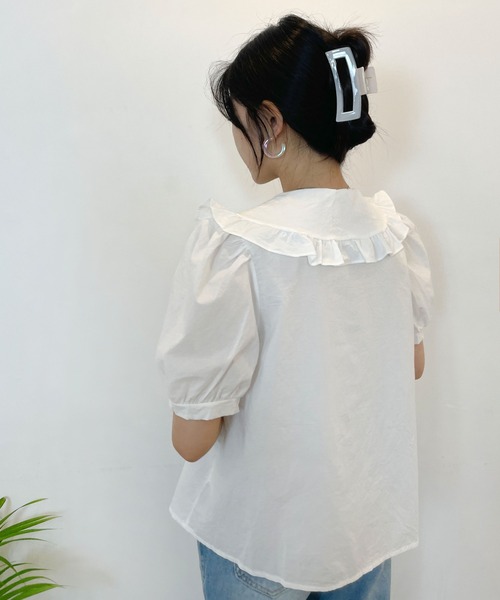 CEMONEMO（セモネモ）の「半袖 ビッグカラー フリル リボンブラウス（シャツ/ブラウス・レディース・アイボリー/スカイブルー/ベージュ・FREE）」の7枚目の写真