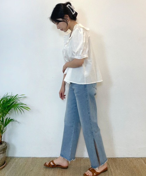 CEMONEMO（セモネモ）の「半袖 ビッグカラー フリル リボンブラウス（シャツ/ブラウス・レディース・アイボリー/スカイブルー/ベージュ・FREE）」の10枚目の写真