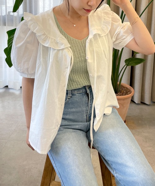 CEMONEMO（セモネモ）の「半袖 ビッグカラー フリル リボンブラウス（シャツ/ブラウス・レディース・アイボリー/スカイブルー/ベージュ・FREE）」の13枚目の写真