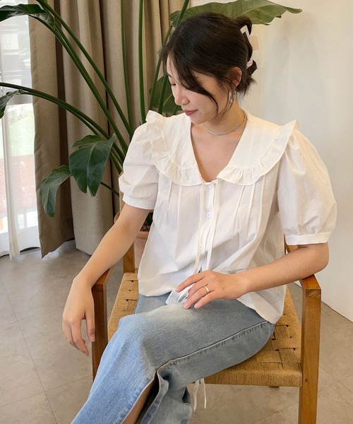 CEMONEMO（セモネモ）の「半袖 ビッグカラー フリル リボンブラウス（シャツ/ブラウス・レディース・アイボリー/スカイブルー/ベージュ・FREE）」の5枚目の写真