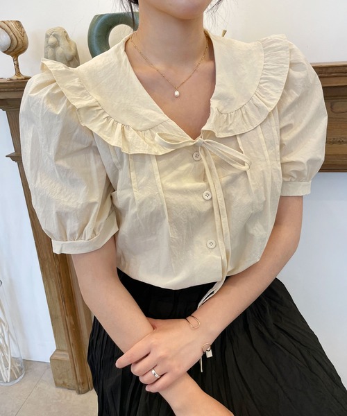 CEMONEMO（セモネモ）の「半袖 ビッグカラー フリル リボンブラウス（シャツ/ブラウス・レディース・アイボリー/スカイブルー/ベージュ・FREE）」の16枚目の写真