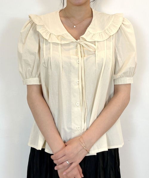 CEMONEMO（セモネモ）の「半袖 ビッグカラー フリル リボンブラウス（シャツ/ブラウス・レディース・アイボリー/スカイブルー/ベージュ・FREE）」の19枚目の写真