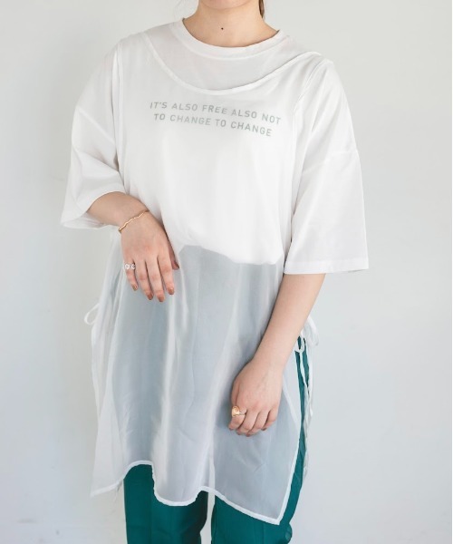 nemne store(ネンネストア)の「サイドリボンシアーベストワンピ(チュニック・レディース・オフホワイト/モカ・フリー)」の1枚目の写真