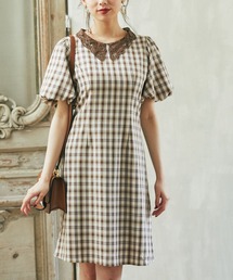 tocco closet | レース襟付き後ろレースアップデザインバルーンスリーブチェックワンピース(ワンピース)
