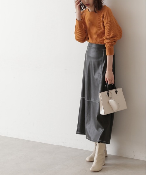 FREE'S MART（フリーズマート）の「◆配色ステッチフェイクレザーAラインスカート（スカート・レディース・ブラック/ベージュ/カーキ・FREE）」の5枚目の写真