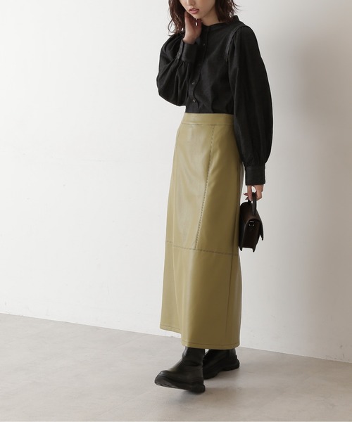 FREE'S MART（フリーズマート）の「◆配色ステッチフェイクレザーAラインスカート（スカート・レディース・ブラック/ベージュ/カーキ・FREE）」の8枚目の写真