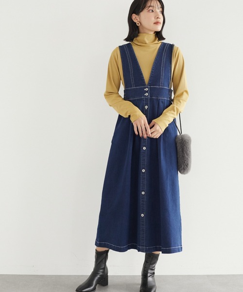 Green　Parks（グリーンパークス）の「【WEB限定】配色ステッチジャンスカ＊（ジャンパースカート・レディース・ライトインディゴブルー/インディゴブルー・FREE）」の2枚目の写真