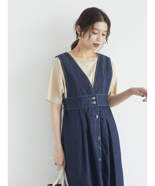 Green　Parks（グリーンパークス）の「【WEB限定】配色ステッチジャンスカ＊（ジャンパースカート・レディース・ライトインディゴブルー/インディゴブルー・FREE）」の3枚目の写真