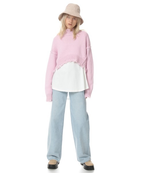 【送料無料/新品】 SLY（スライ）の「ROUND ダメージ TOPS DAMAGE CROPPED HEM トップス