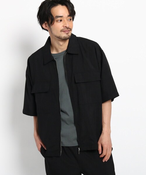 BASECONTROL(ベースコントロール)の「◆リネンタッチシャンブレー ビッグシルエット 半袖ジップシャツ(シャツ/ブラウス・メンズ・ブラック/ベージュ/ネイビー・02/03/04)」の2枚目の写真