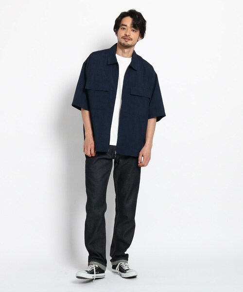 BASECONTROL(ベースコントロール)の「◆リネンタッチシャンブレー ビッグシルエット 半袖ジップシャツ(シャツ/ブラウス・メンズ・ブラック/ベージュ/ネイビー・02/03/04)」の12枚目の写真