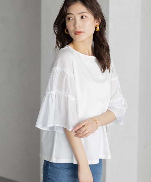 GeeRA(ジーラ)の「シアーフレアースリーブカットソー(Tシャツ/カットソー・レディース・ブラック/オフホワイト・X-LARGE/LARGE/MEDIUM)」の1枚目の写真