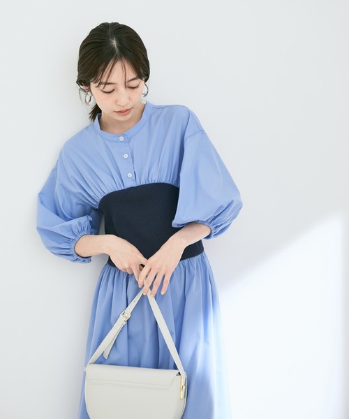 ストライプ＆無地ビスチェドッキングシャツワンピース