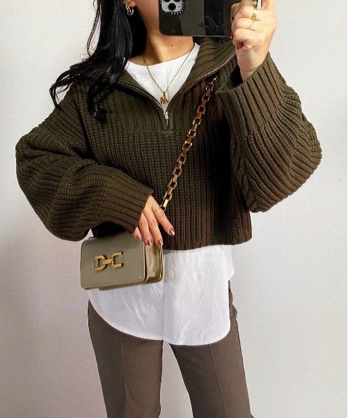 feepur（フェピュール）の「【ハンドウォッシャブル】ハーフジップクロップドニット（ニット/セーター・レディース・ブラック/ブラウン/オフホワイト/グレー系その他・MEDIUM）」の14枚目の写真