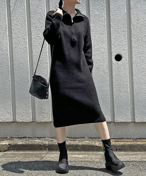 Jewelobe（ジュエローブ）の「ハーフジップセミタイトニットワンピース（ワンピース・レディース・ブラック/ピンク/アイボリー/杢グレー・FREE）」の3枚目の写真