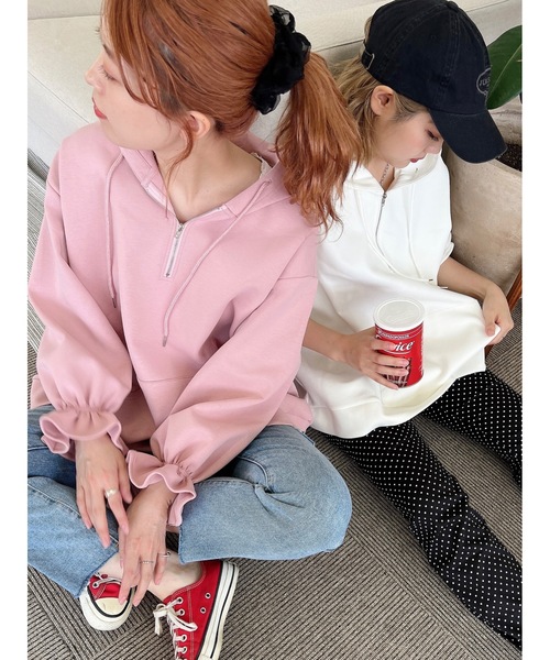 JUMELLE(ジュメロ)の「ハーフジップフレアフーディー(パーカー・レディース・ホワイト/ピンク・FREE)」の16枚目の写真