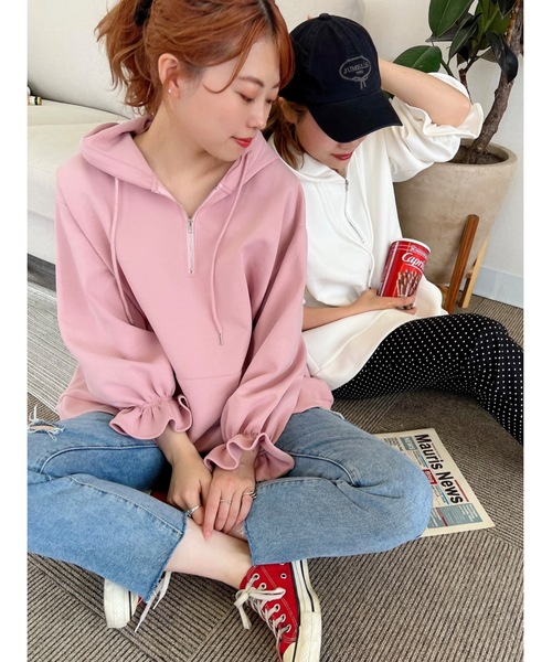 JUMELLE(ジュメロ)の「ハーフジップフレアフーディー(パーカー・レディース・ホワイト/ピンク・FREE)」の17枚目の写真
