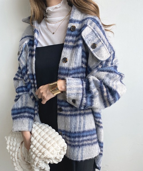 Futier land（フューティアランド）の「シャギーチェックビッグシャツアウター（ブルゾン・レディース・ブルー/アイボリー・MEDIUM）」の14枚目の写真