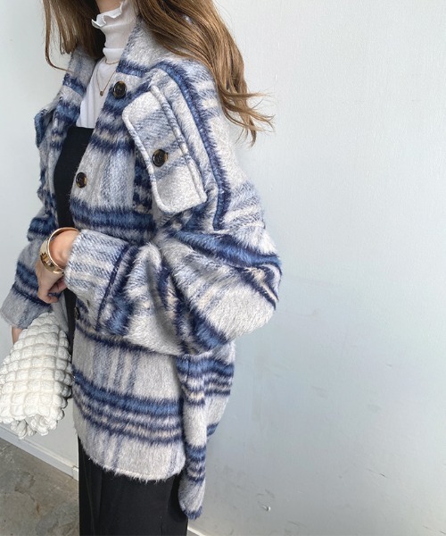 Futier land（フューティアランド）の「シャギーチェックビッグシャツアウター（ブルゾン・レディース・ブルー/アイボリー・MEDIUM）」の3枚目の写真