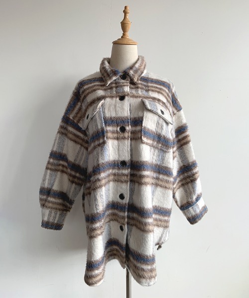 Futier land（フューティアランド）の「シャギーチェックビッグシャツアウター（ブルゾン・レディース・ブルー/アイボリー・MEDIUM）」の21枚目の写真