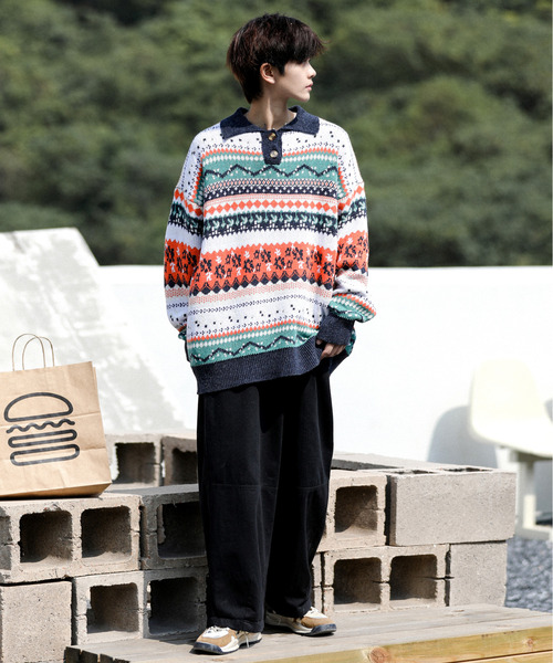 neos（ネオス）の「【neos -addictive design-】ルーズシルエット 総柄 ノルディック レトロ ニット ポロ セーター（ニット/セーター・メンズ・ホワイト/ブラウン・MEDIUM/LARGE/X-LARGE）」の10枚目の写真