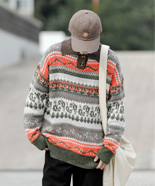 neos（ネオス）の「【neos -addictive design-】ルーズシルエット 総柄 ノルディック レトロ ニット ポロ セーター（ニット/セーター・メンズ・ホワイト/ブラウン・MEDIUM/LARGE/X-LARGE）」の12枚目の写真