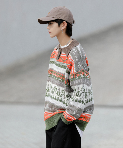 neos（ネオス）の「【neos -addictive design-】ルーズシルエット 総柄 ノルディック レトロ ニット ポロ セーター（ニット/セーター・メンズ・ホワイト/ブラウン・MEDIUM/LARGE/X-LARGE）」の5枚目の写真