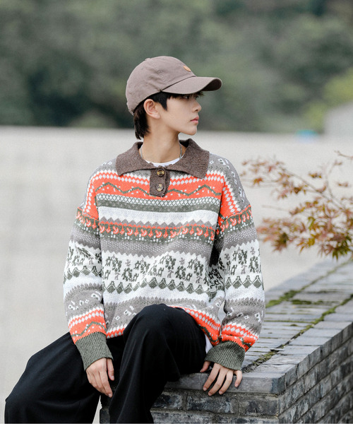 neos（ネオス）の「【neos -addictive design-】ルーズシルエット 総柄 ノルディック レトロ ニット ポロ セーター（ニット/セーター・メンズ・ホワイト/ブラウン・MEDIUM/LARGE/X-LARGE）」の11枚目の写真