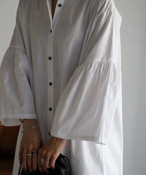Bonjour Sagan（ボンジュールサガン）の「袖フレアシャツワンピース（シャツワンピース・レディース・オフホワイト/ライトブルー/ベージュ/ネイビー・FREE）」の11枚目の写真