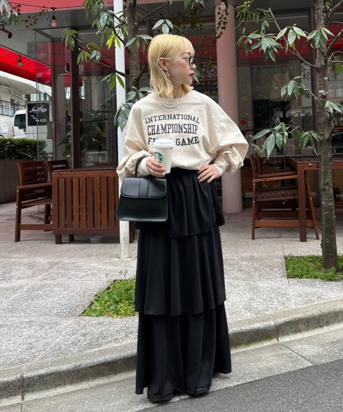 CIAOPANIC(チャオパニック)の「フラワープリントロゴビッグロンT/USAコットン(Tシャツ/カットソー・レディース・オフホワイト/ベージュ/ネイビー・FREE)」の5枚目の写真