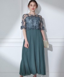 袖付き刺繍レース切替プリーツロングワンピース