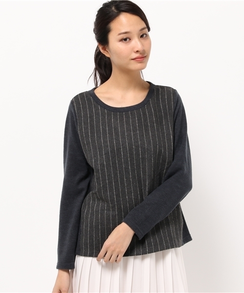 OUTLET(アウトレット)の「【Discoat】ニットソーストライププルオーバー(Tシャツ/カットソー・レディース・グレー/ネイビー・FREE)」の1枚目の写真