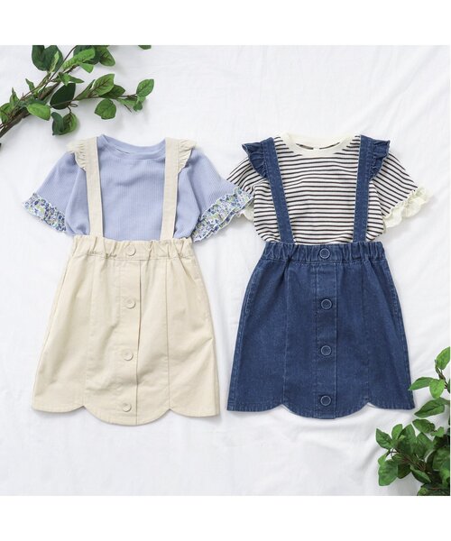 apres les cours（アプレレクール）の「フリル2WAYスカラップジャンパースカート（ジャンパースカート・キッズ・アイボリー/インディゴブルー・80/140/110/100/90/130/120）」の4枚目の写真