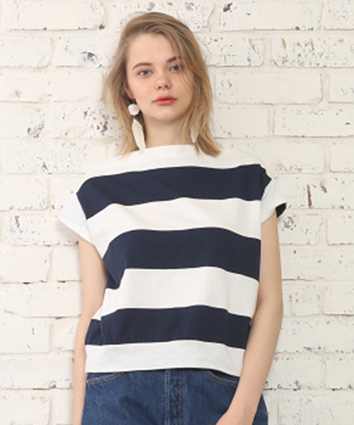 mystic(ミスティック)の「【Omekashi】太ボーダーボートネックプルオーハ(Tシャツ/カットソー・レディース・チャコールグレー/ネイビー・フリ-)」の1枚目の写真