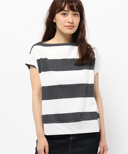 mystic(ミスティック)の「【Omekashi】太ボーダーボートネックプルオーハ(Tシャツ/カットソー・レディース・チャコールグレー/ネイビー・フリ-)」の2枚目の写真