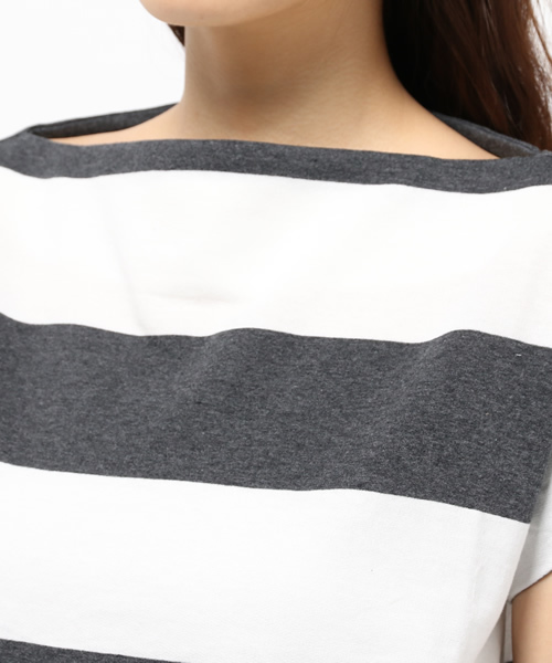 mystic(ミスティック)の「【Omekashi】太ボーダーボートネックプルオーハ(Tシャツ/カットソー・レディース・チャコールグレー/ネイビー・フリ-)」の3枚目の写真