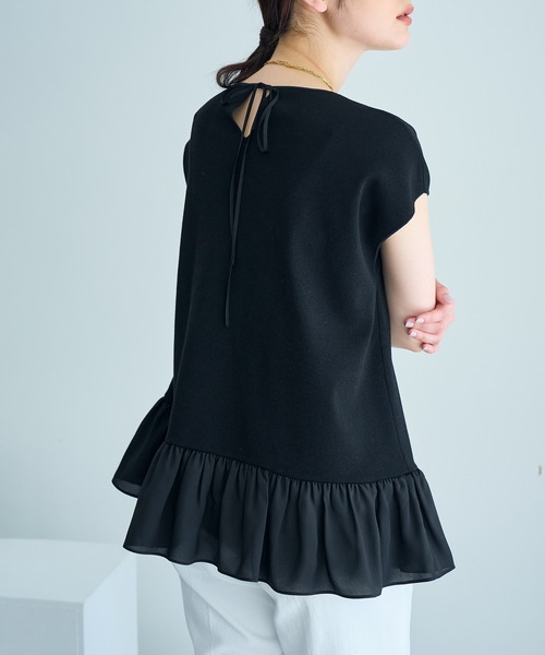 ROPE'（ロペ）の「ミラノリブ×デシンコンビフレンチスリーブブルオーバー（Tシャツ/カットソー・レディース・ブラック/ホワイト・38）」の2枚目の写真